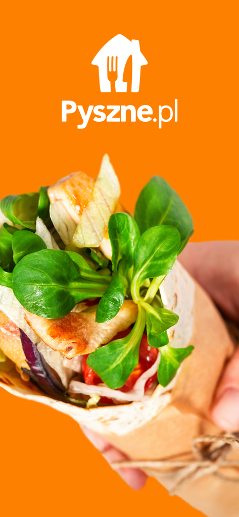 Pyszne.pl - Eine Hand, die einen frischen Chicken Wrap mit grünem Salat vor einem leuchtend orangefarbenen Hintergrund mit dem Pyszne.pl Logo hält.