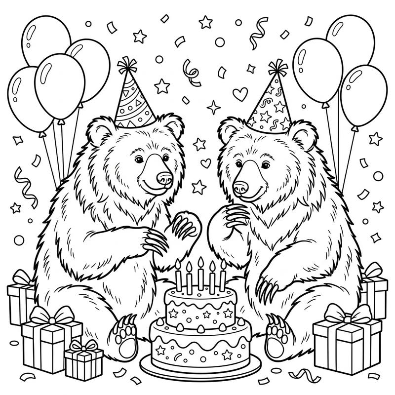 Get ready for a party with our unique sloth bear birthday coloring page! These adorable shaggy bears are celebrating with cake, presents, and festive decorations, offering a delightful and engaging coloring experience for everyone.