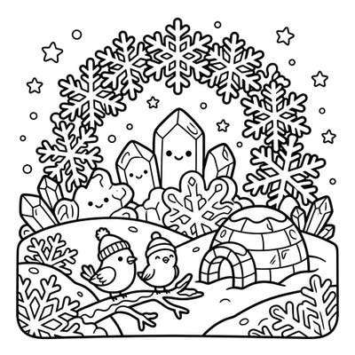 Discover the joy of winter with this delightful Kawaii frost coloring page. Adorable birds, cheerful crystals, and delicate snowflakes fill this charming scene, designed for a relaxing and engaging coloring experience.