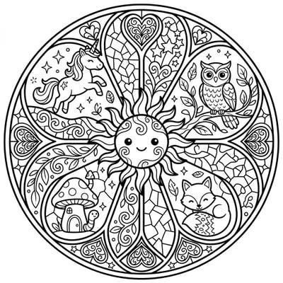 Dive into a magical world with this kid-friendly stained glass coloring page! Featuring adorable forest creatures and a smiling sun, it's perfect for young artists to explore their creativity.