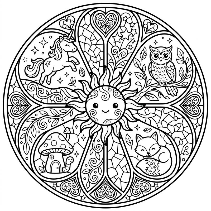 Dive into a magical world with this kid-friendly stained glass coloring page! Featuring adorable forest creatures and a smiling sun, it's perfect for young artists to explore their creativity.
