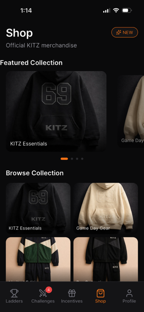 KITZ - Social - The Shop screen in the KITZ Social app displaying official athletic hoodies and tracksuits collections.