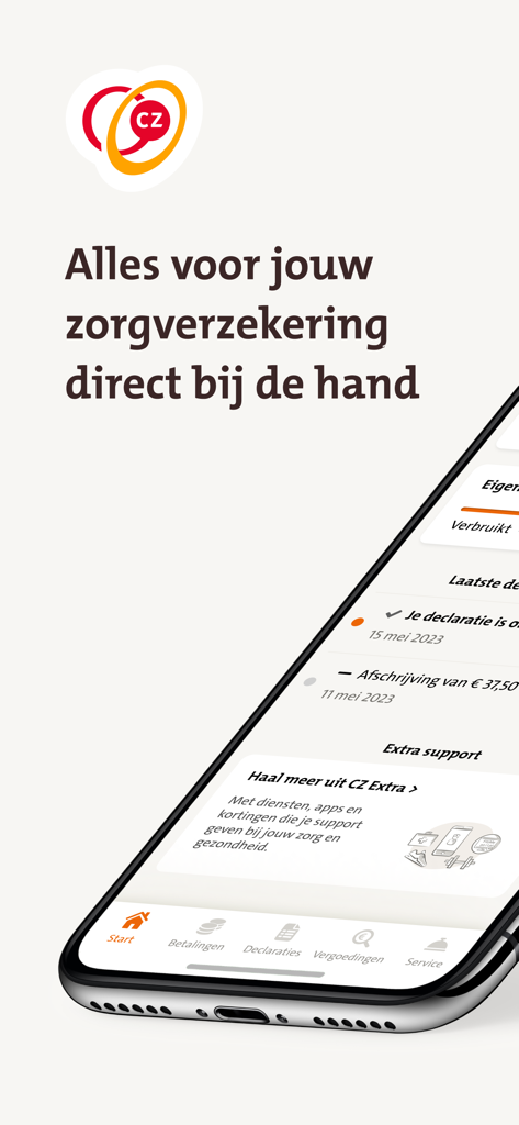Pantalla de smartphone que muestra la aplicación de seguro médico CZ con el encabezado en holandés Alles voor jouw zorgverzekering direct bij de hand