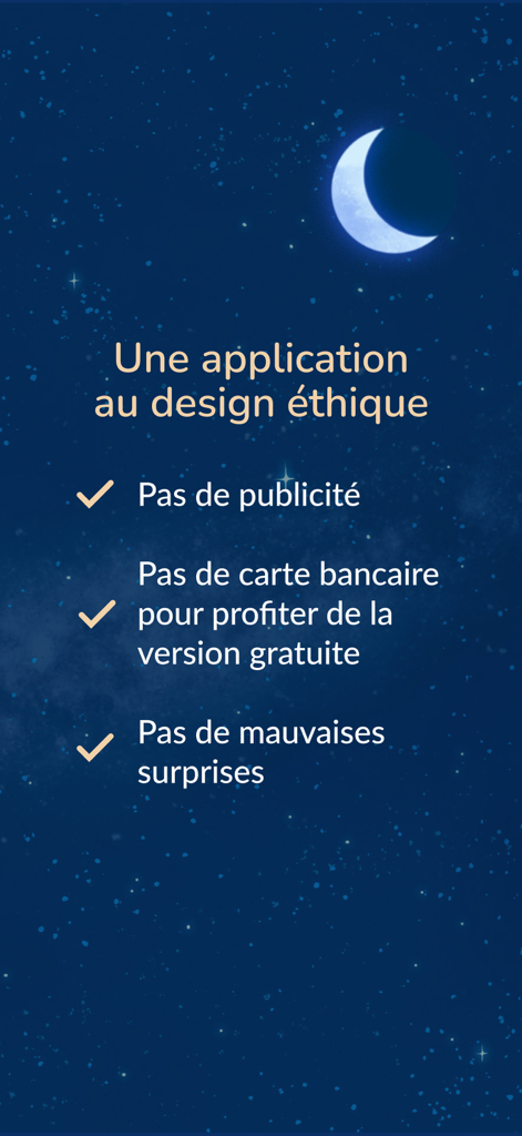 Sommeil avec Petit BamBou - Interfaz de la aplicación Dormir con Petit BamBou destacando características de diseño ético, incluyendo sin anuncios y acceso gratuito sin tarjeta de crédito