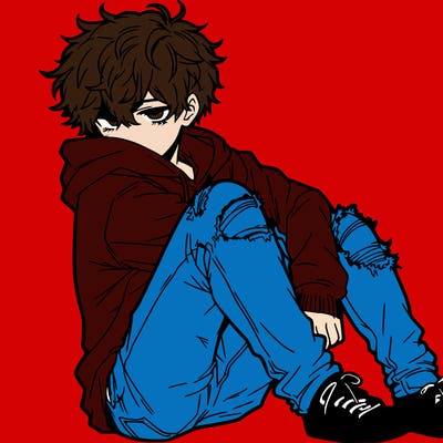 a male hoddie ripped jeans messy hair anime