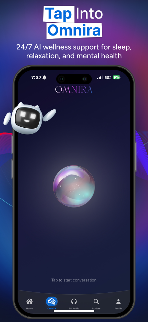 Omnira: Focus & Sleep Sounds - Omnira app interface showing AI wellness support for sleep and relaxation