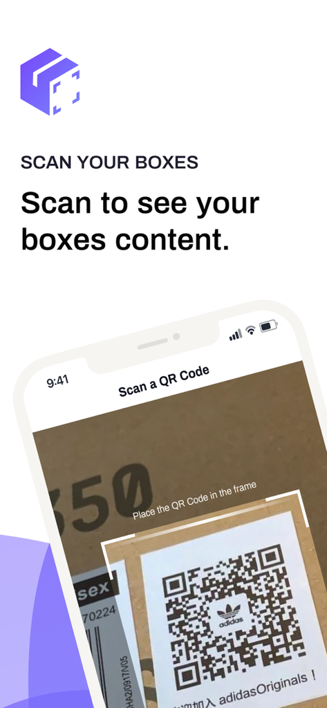 Scan Your Boxes - Smartphone app interface scanning a QR code on a cardboard box to display its contents