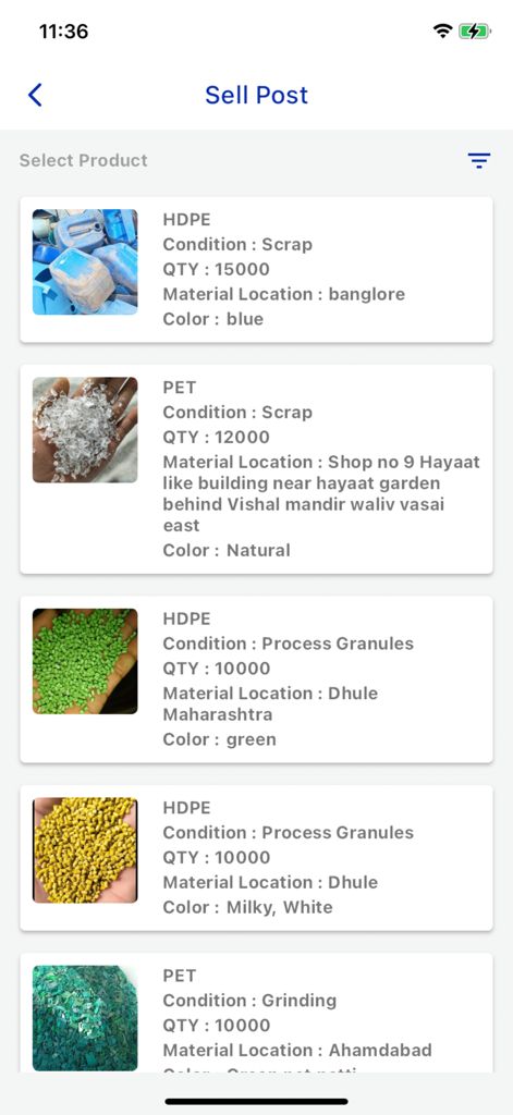 B2B marketplace listings for plastic scrap and polymers on Polytrend app