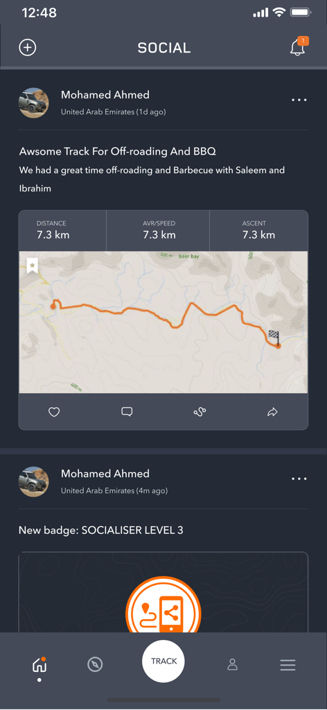 Ardhi - #MyLand أرضي - Social feed in the Ardhi app displaying an off-roading trail map and earned badges