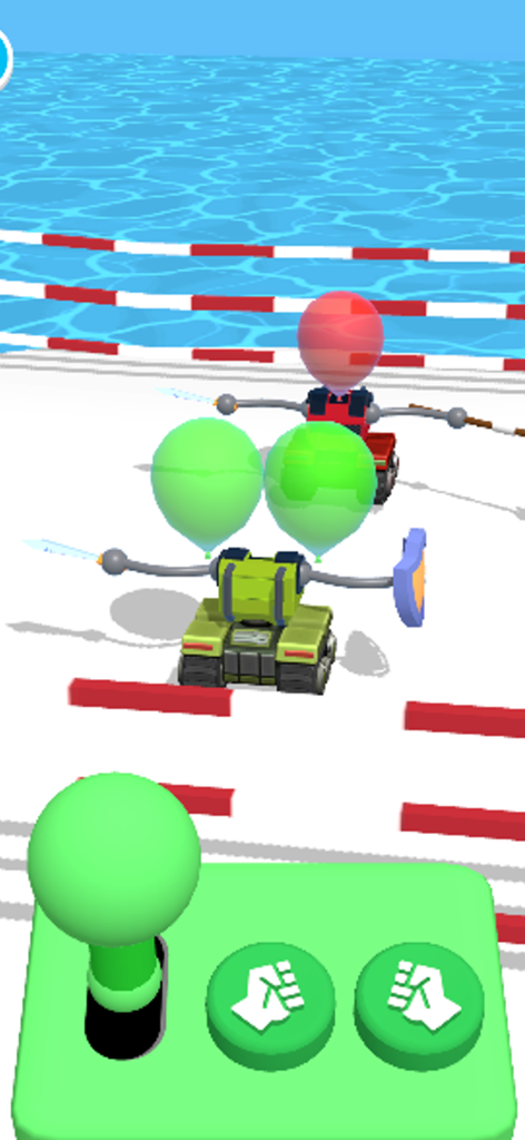 Balloon Clash!! - A tank with green balloons and weaponized arms faces an enemy on a track