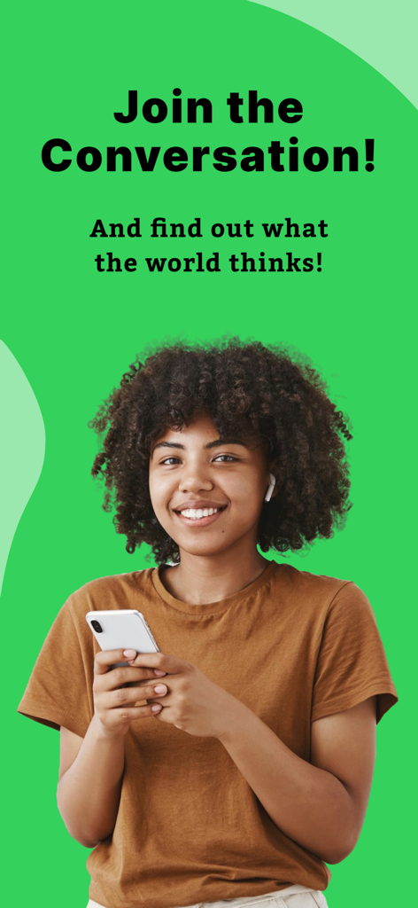 Una joven sonriente sosteniendo un smartphone con texto invitando a los usuarios a unirse a la conversación en la app HICH