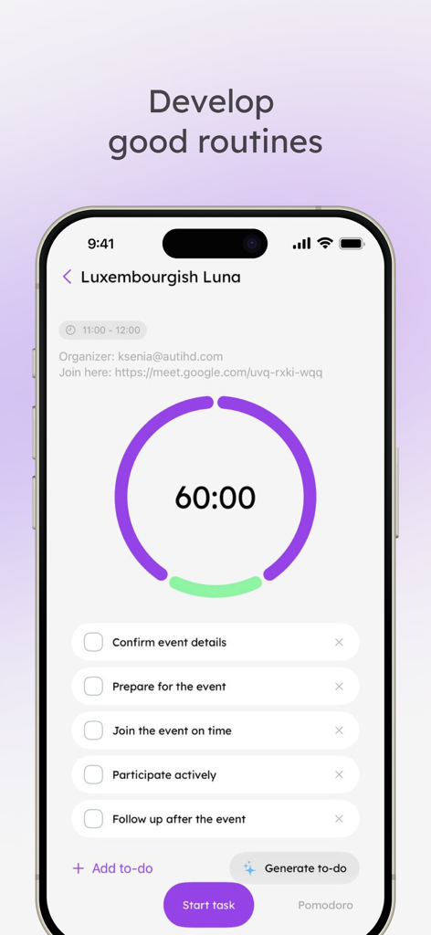 Mindory: AI Planner - Mindory app screen showing a 60 minute countdown timer and an AI generated sub task list for an event