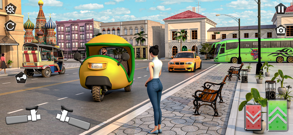 Um rickshaw tuk tuk amarelo e verde pegando um passageiro em uma rua 3D da cidade em um simulador de direção