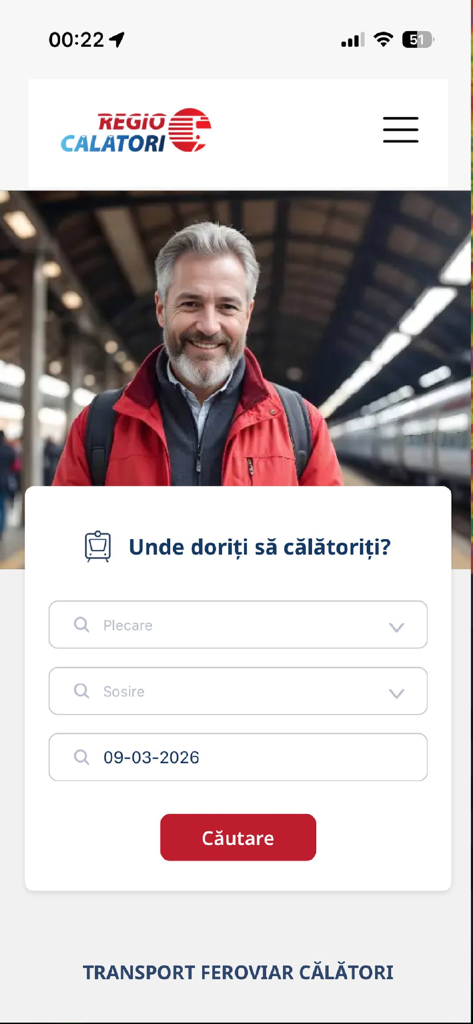 Regio Călători - Regio Calatori app home screen showing a train search form with departure and arrival fields over a photo of a traveler at a station