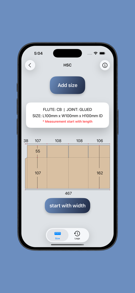BoxMaster - BoxMaster app interface showing a detailed technical diagram and dimensions for an HSC style corrugated box