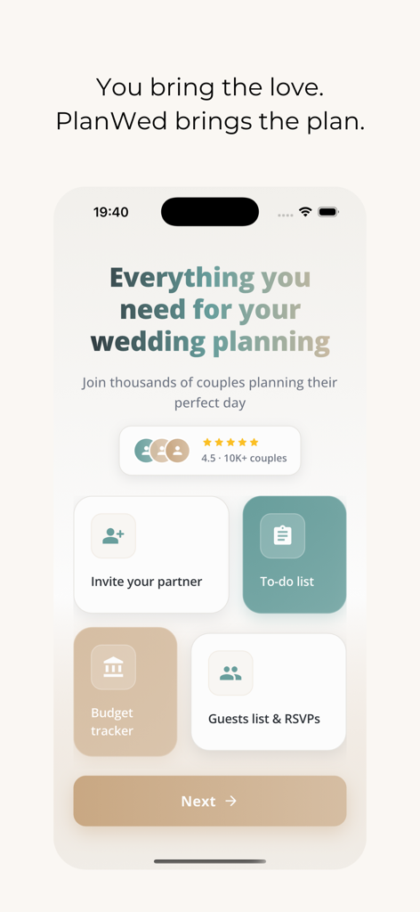 PlanWed mobile app welcome screen showing wedding planning features including budget tracker and guest list