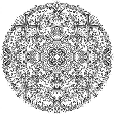 Embark on a creative journey with this stunning Dutch windmill mandala coloring page. Its intricate design, featuring iconic windmills and beautiful tulips, offers a uniquely relaxing artistic experience.