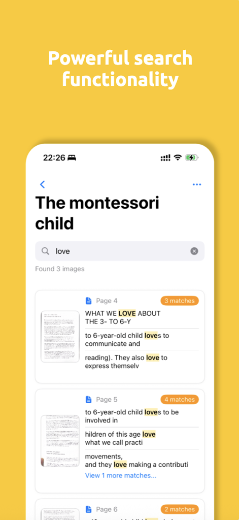 Scanner for Book Lover - 書籍愛好家のためのスキャナーアプリのインターフェース。複数のスキャンされた書籍のページにわたる強調表示されたキーワード一致を持つ強力な検索機能が表示されている。