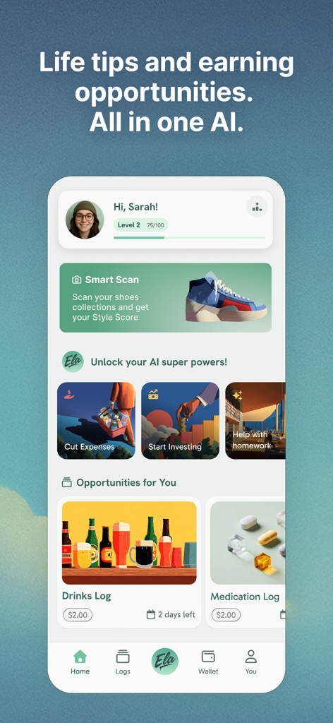 Ela - Your AI Companion - Home screen of Ela AI Companion app featuring life tips, financial advice, and paid logging tasks.