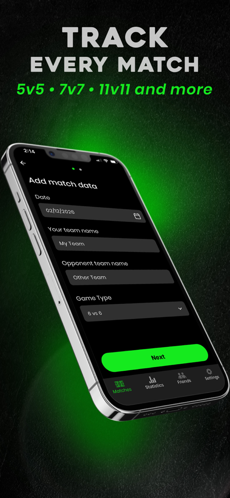 FUTX - Mobile screen of the FUTX app showing how to add soccer match data including team names and game types like 5v5 or 11v11.