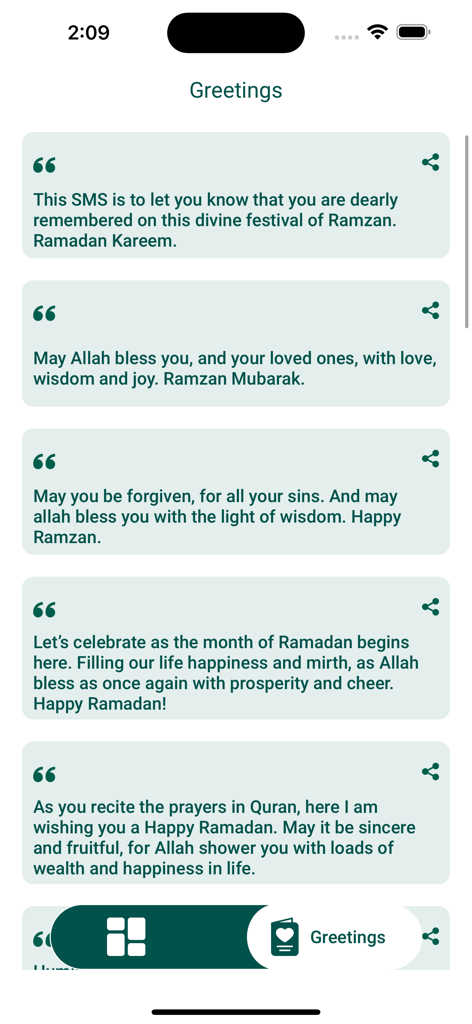 A list of Ramadan greeting messages and spiritual quotes within the app interface.