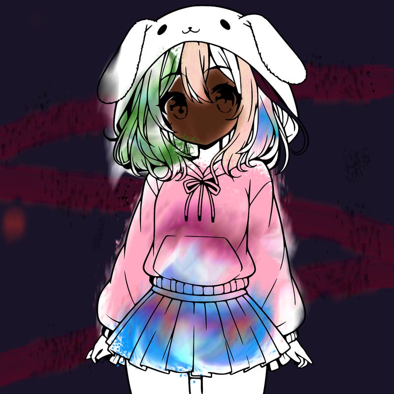 pretty anime girl wearing a fluffy hoodie with bunny ears on the hood and a skirt