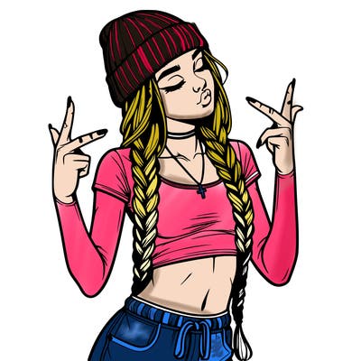 realistic teenage girl with braids and a beanie and crop top doing 🫶🏼
