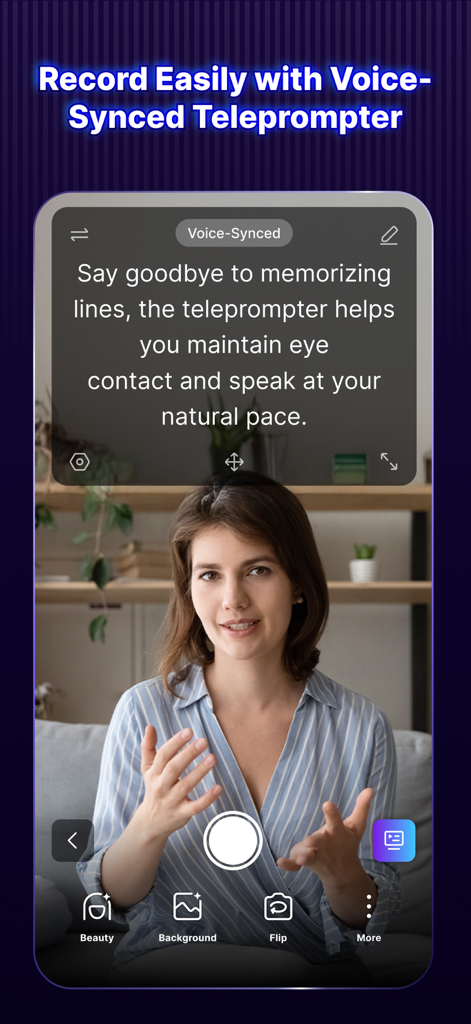 Une femme utilisant la fonction de téléprompteur synchronisé à la voix dans Vozo AI Video Maker pour enregistrer une vidéo tout en maintenant un contact visuel.