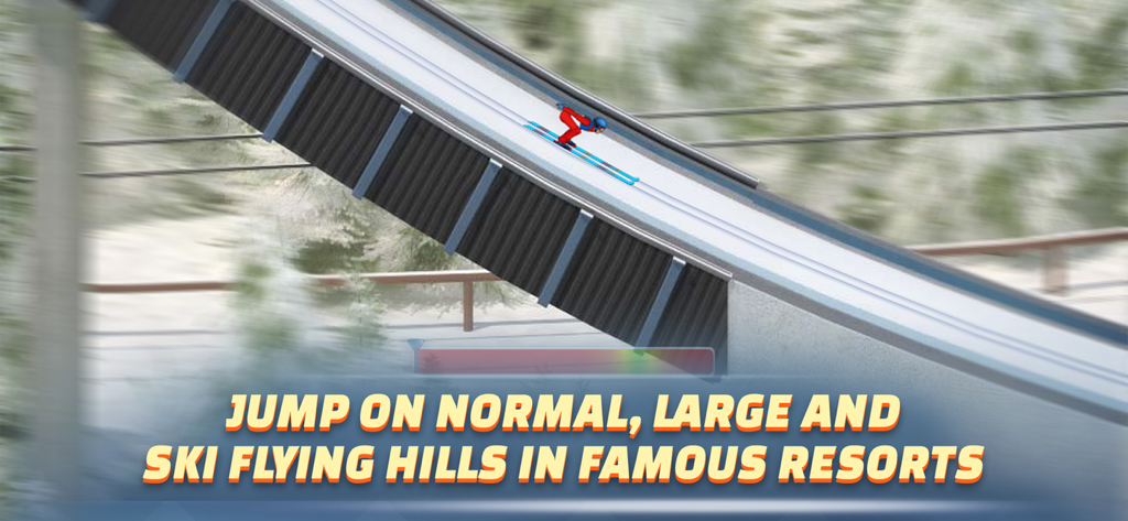 Ein professioneller Skispringer rutscht in einem verschneiten Resort in Ski Jump Mania 3 einen Sprunghang hinunter