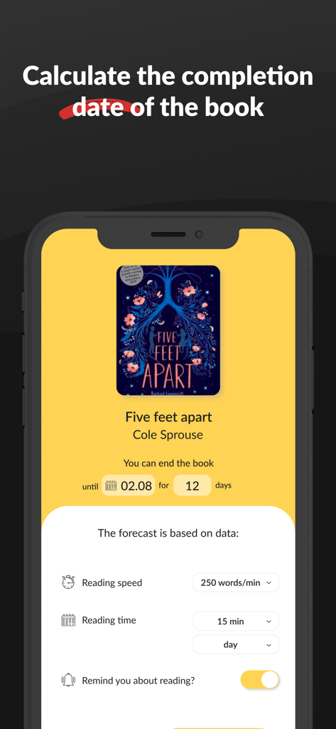 Speed reading: Book reader app - Interfaz de la aplicación de lectura rápida Wordex que muestra una previsión de la fecha de finalización del libro basada en la velocidad de lectura del usuario y el tiempo diario.