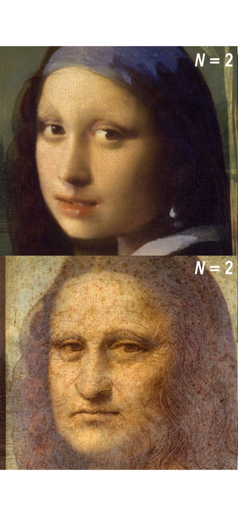Average Face PRO - Dos ejemplos de montajes de rostros fusionando retratos históricos famosos como la Mona Lisa usando la aplicación Average Face PRO.