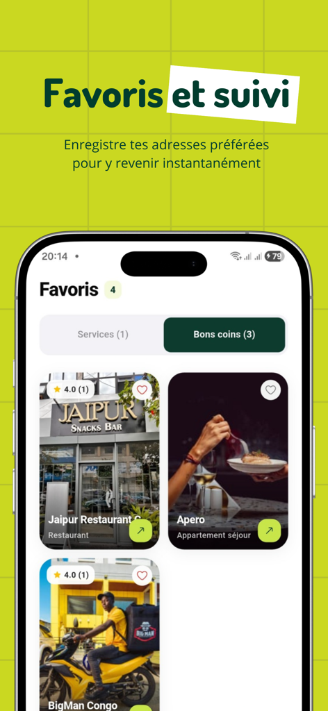 Waza app - Interfaz móvil de la aplicación Waza mostrando una lista de restaurantes y servicios favoritos en el Congo.