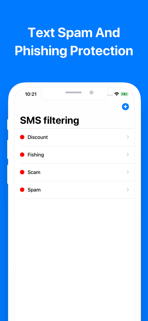 Spam Call Blocker + Caller ID - Interfaz de iPhone que muestra categorías de filtrado de SMS para spam de texto y protección contra phishing