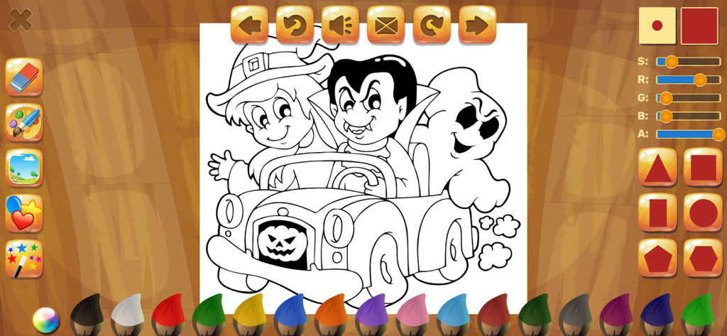 Halloween Puzzle Game for Kids - A digital coloring page from a kids Halloween game featuring a witch, vampire, and ghost in a car.
