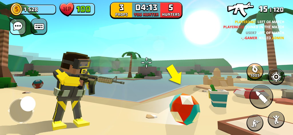 H.I.D.E. - Hide or Seek Online - Gameplay di uno sparatutto pixelato su una spiaggia con un personaggio cacciatore e un prop nascosto