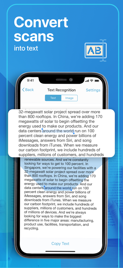 スキャナーアプリでスキャンを編集可能なテキストに変換するOCRテキスト認識機能を示すiPhone画面。