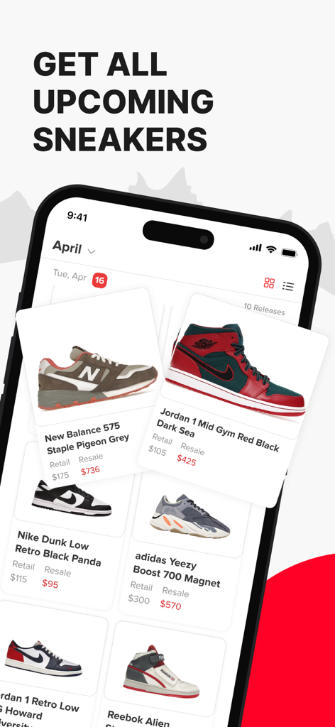 Sneaker Drops app screen displaying a calendar of upcoming shoe releases with retail and resale price information