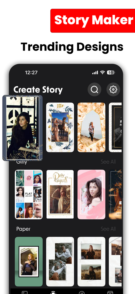 Poster & Flyer Maker: PostArt - Mobile app interface of PostArt showing a variety of trending social media story templates for Instagram