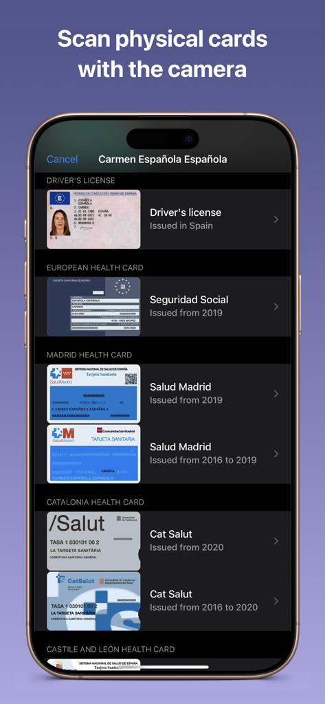 Interface of DNI Wallet plus app displaying a list of scanned physical identification and health cards