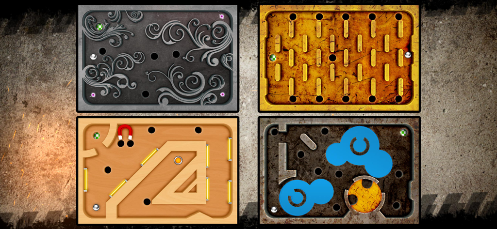 木製と金属のデザインを含む、迷路ゲームの4つの異なるテーマの迷路レベルを示すコラージュ