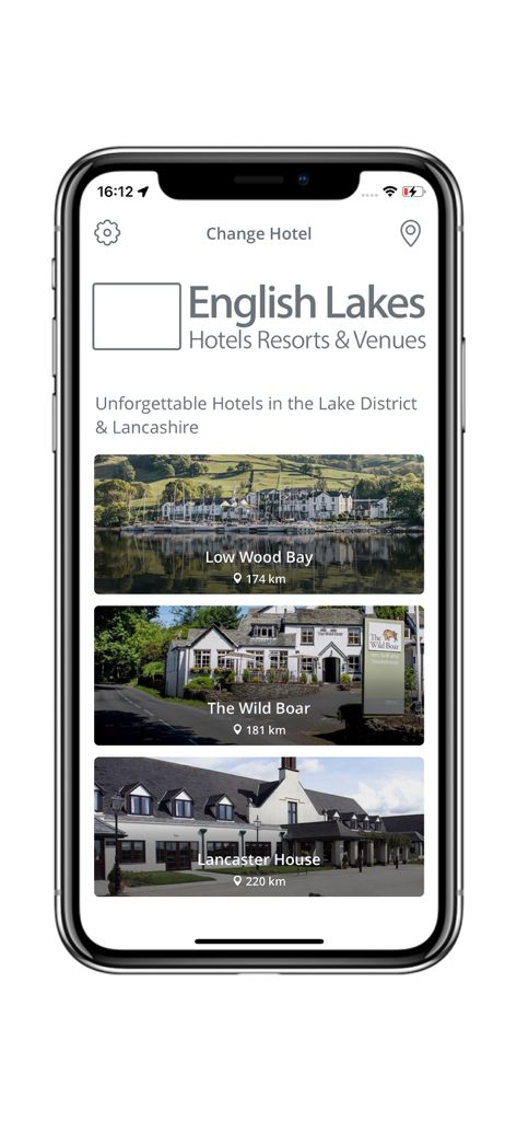 English Lakes Hotels - English Lakes Hotels mobile app screen displaying a list of available resorts and hotels in the Lake District