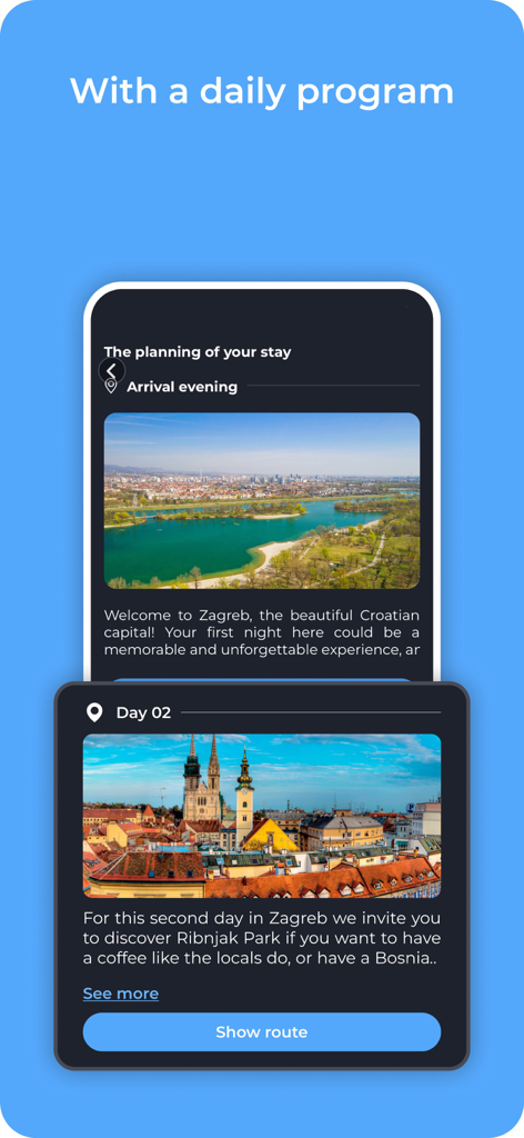 Henri Trip - Guide interactif - Interface de l'application Henri Trip montrant un itinéraire de voyage quotidien pour Zagreb avec des photos de la ville et des options d'itinéraire.