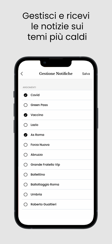 Notification management screen in the Il Messaggero app showing a list of news topics to follow