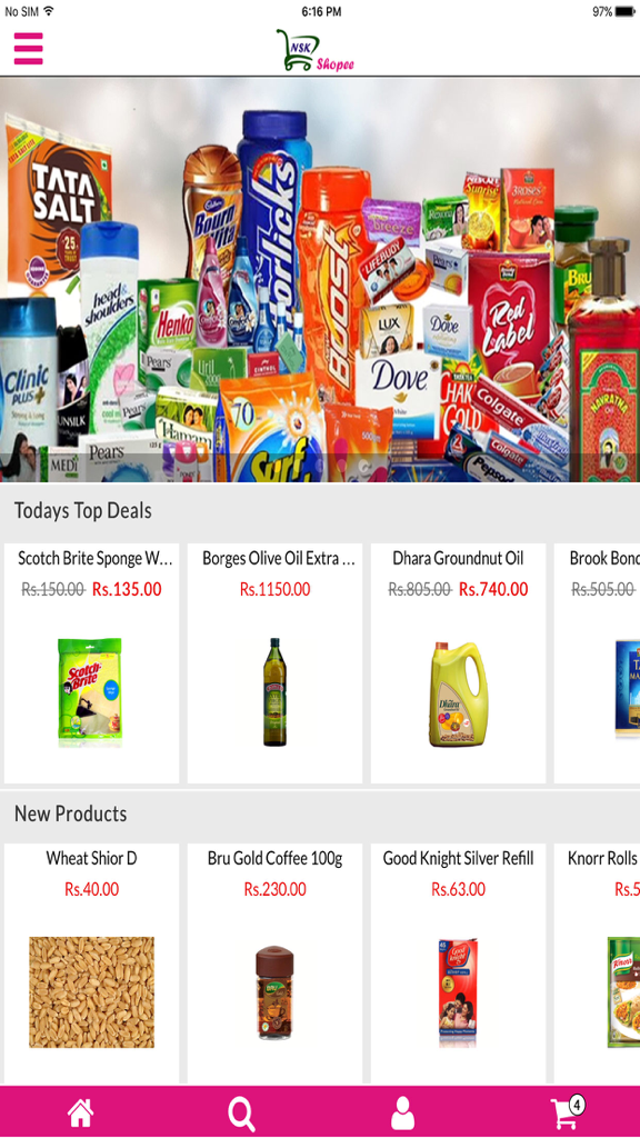 Homepage of NSK Shopee app showing grocery deals and new products
