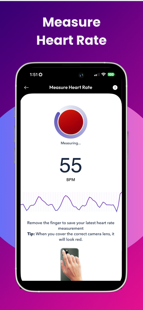 Heart Rate Monitor: Cardiobyte - Interface do aplicativo Cardiobyte mostrando medição de frequência cardíaca em tempo real de 55 BPM com um gráfico de pulso.