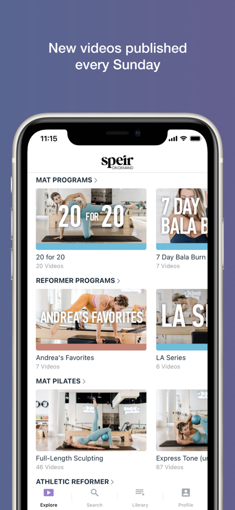 Speir On Demand - Speir On Demand app interface showing various Pilates mat and reformer programs