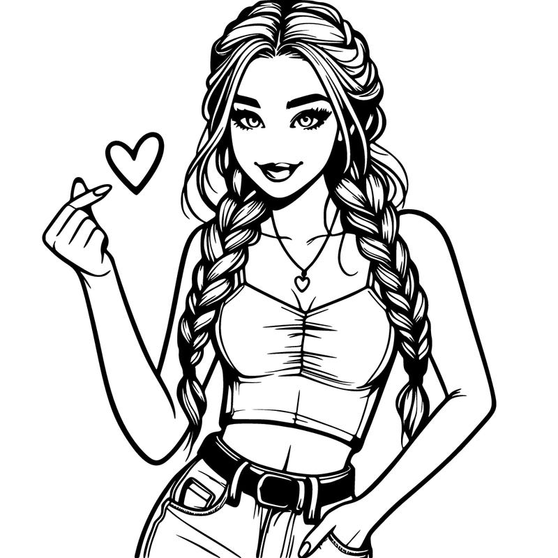 a realistic girl with braids and a corp top with jeans doing the heart sign