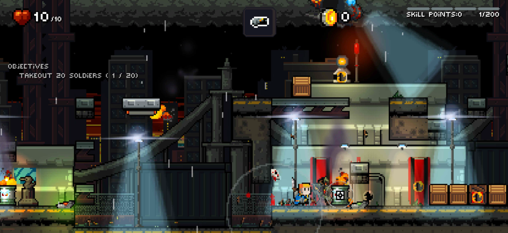 Pixel art gameplay of Gunslugs Rogue Tactics showing a character sneaking through a rainy industrial base with spotlights.