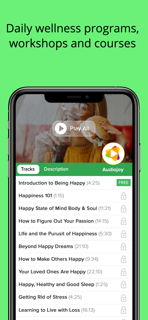 Spectrum Meditation - Spectrum Meditation 앱 인터페이스에 가이드 웰빙 프로그램 및 행복 과정 목록이 표시됩니다.