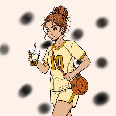 draw a girl with a bun and boba tea, and a sports shirt